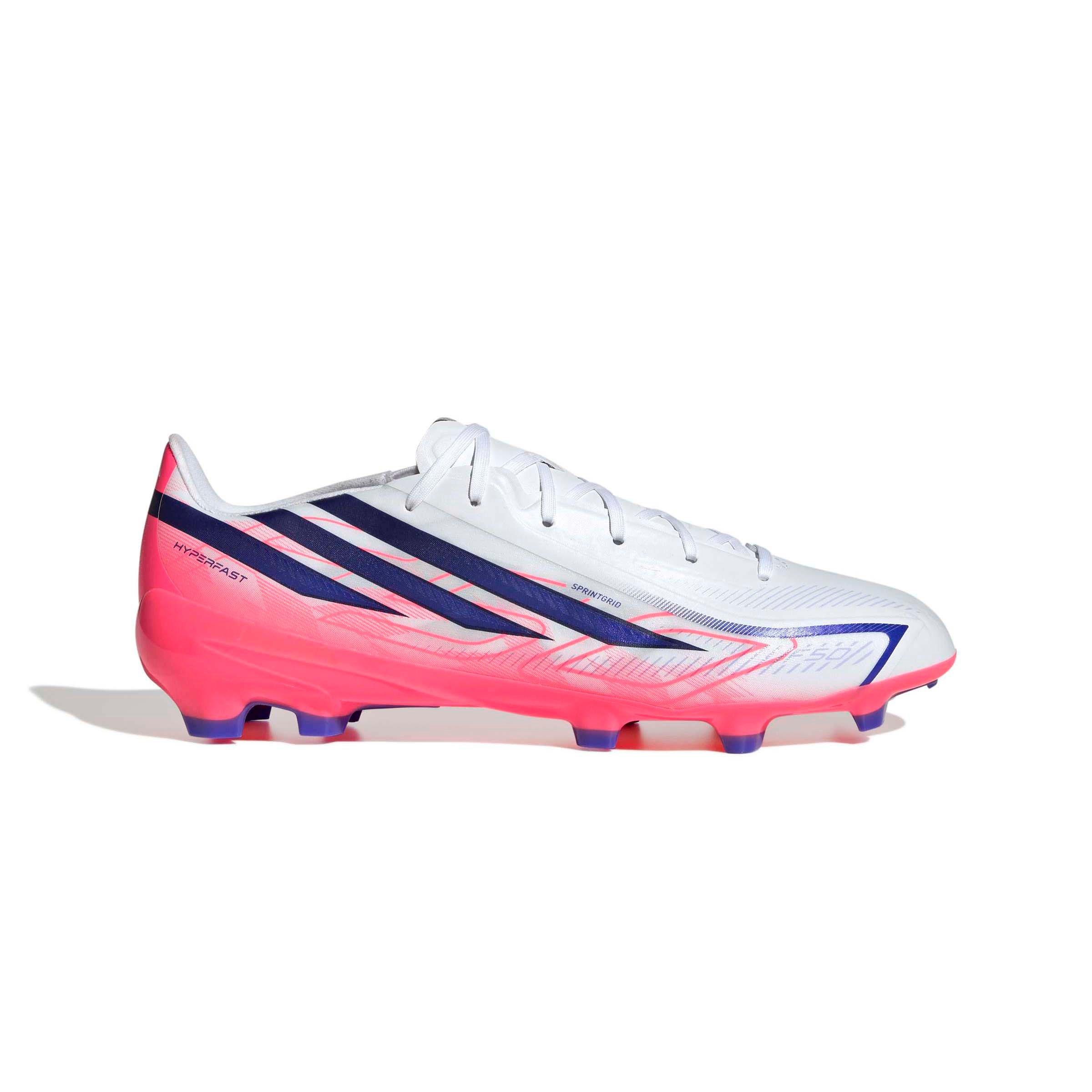 adidas F50 Hyperfast League FG "Solar Turbo" Men's Soccer Cleat - CLOUD WHITE/SOLAR PURPLE/SOLAR TURBO